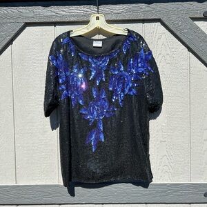 Vintage Elegance by Abuja Black Sequin Floral Beaded Top Blue Statement Design